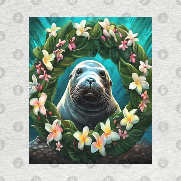 Cartoon Art Of Hawaiian Monk Seal With Plumeria by taiche